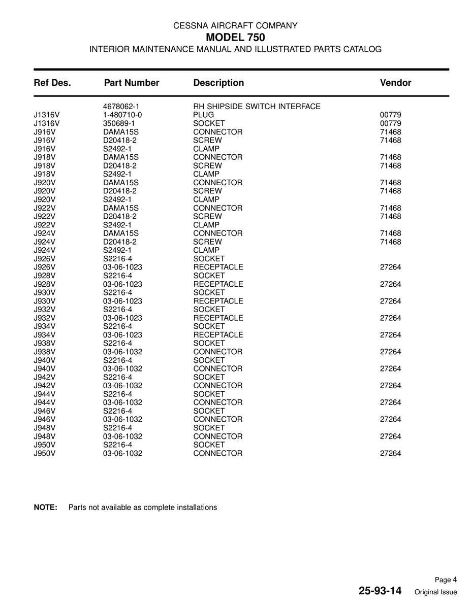 Aviation Part J924V for Cessna 750 Aircraft