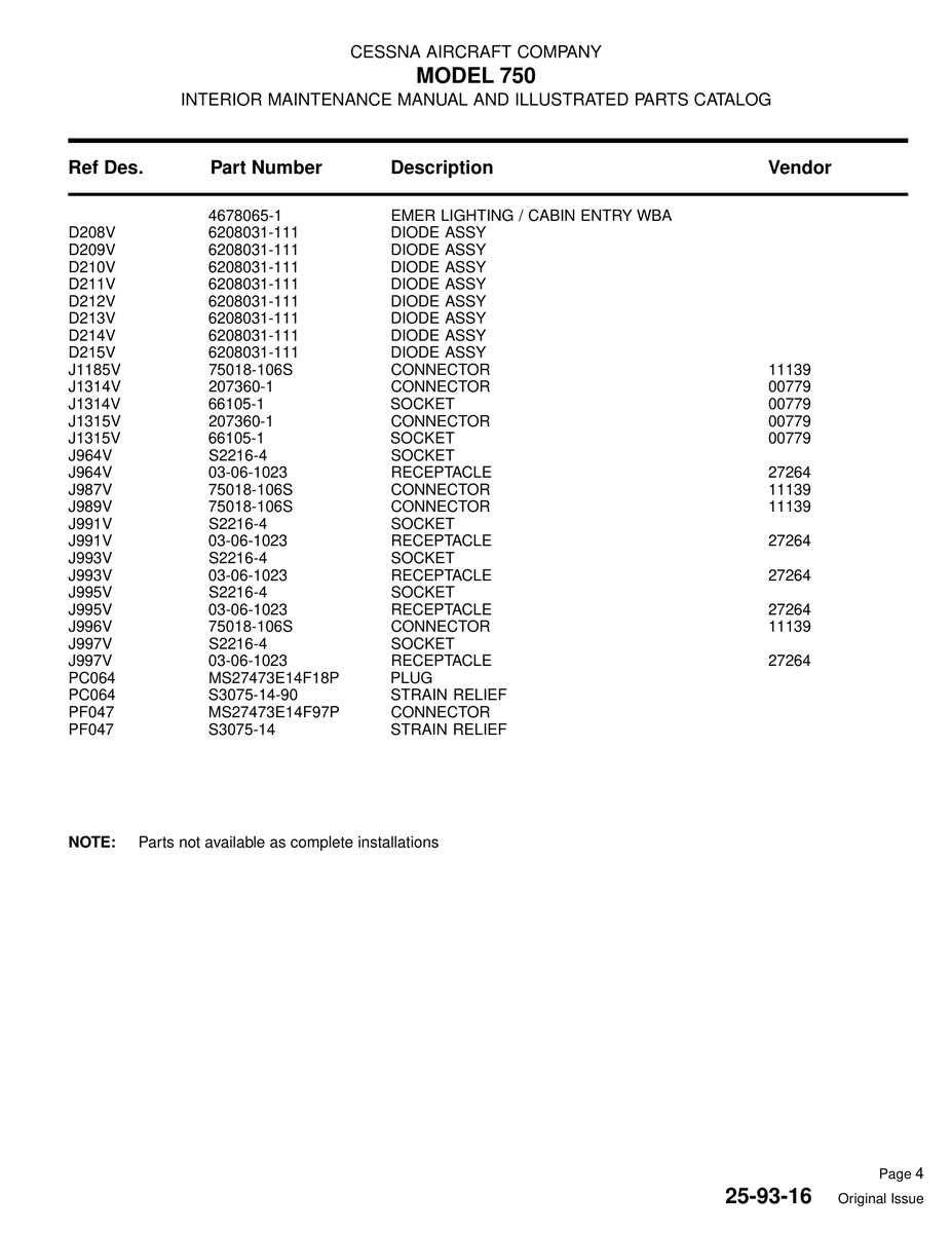 Aviation Part J964V for Cessna 750 Aircraft