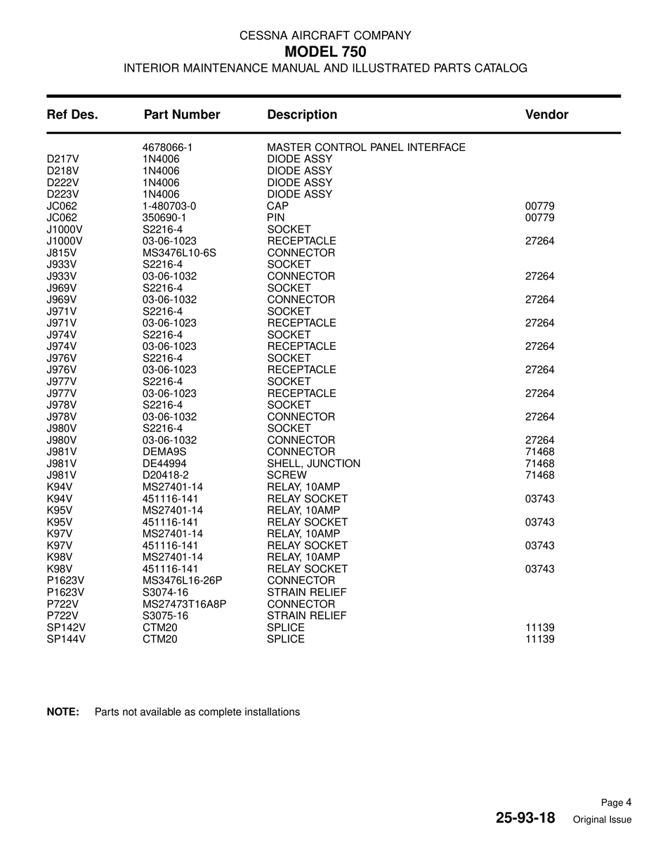Aviation Part SP142V for Cessna 750 Aircraft