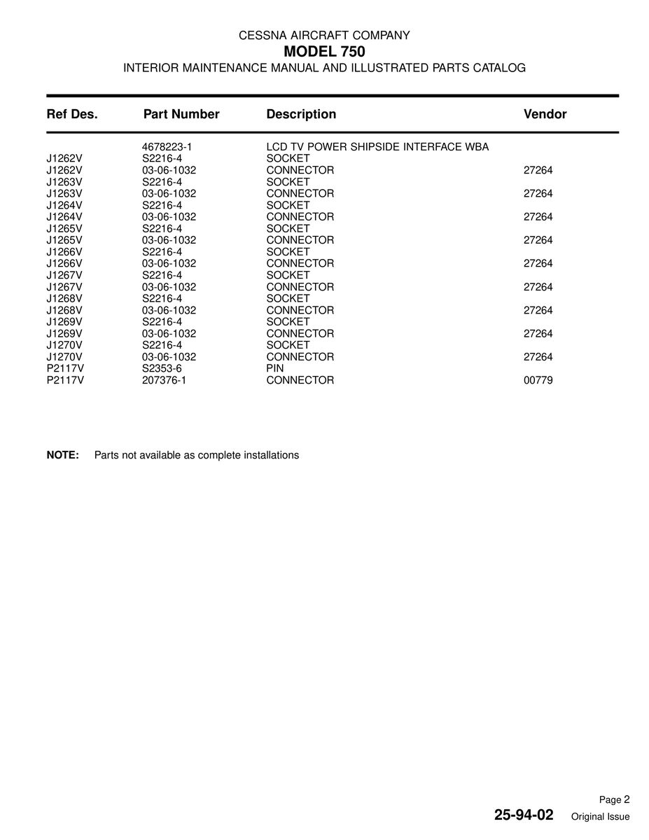 Aviation Part J1270V for Cessna 750 Aircraft