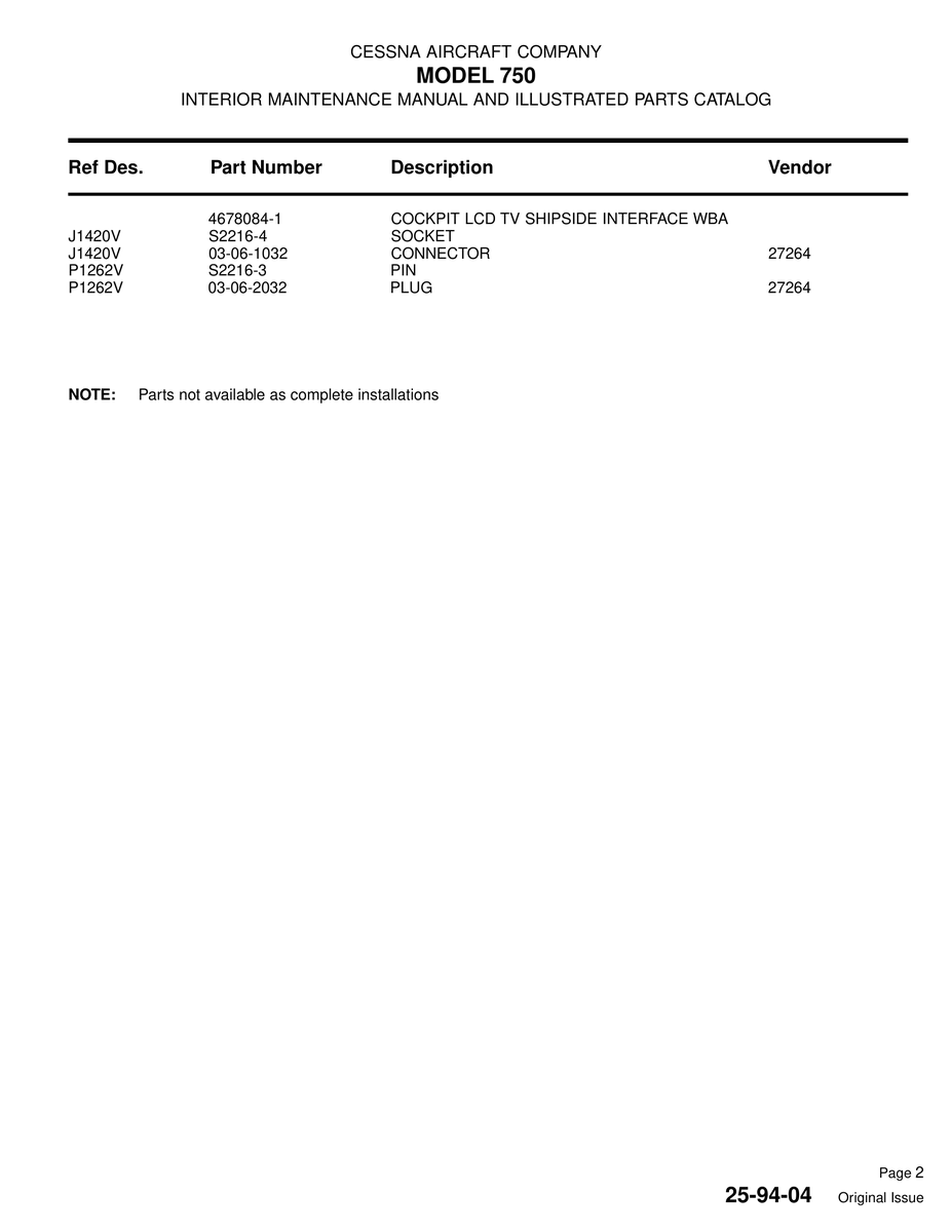 Aviation Part P1262V for Cessna 750 Aircraft