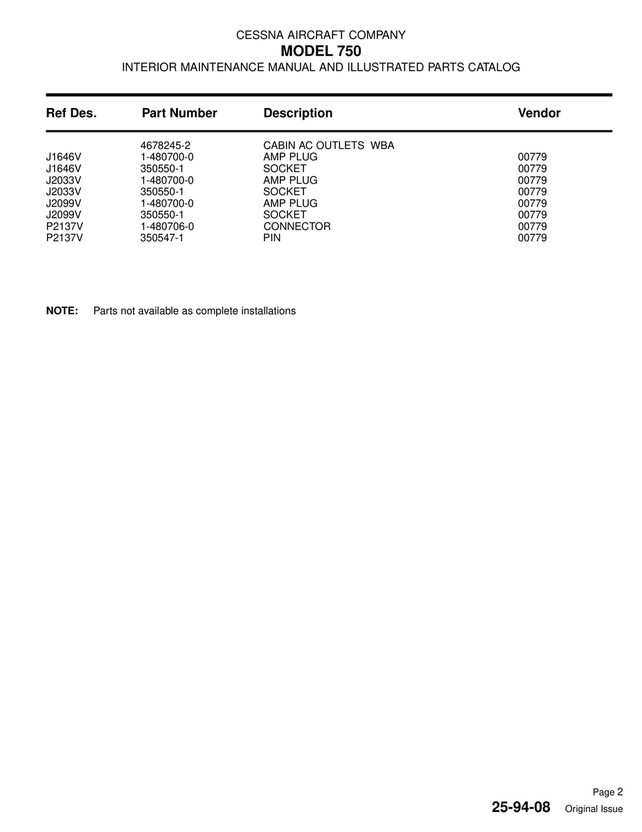 Aviation Part J1646V for Cessna 750 Aircraft