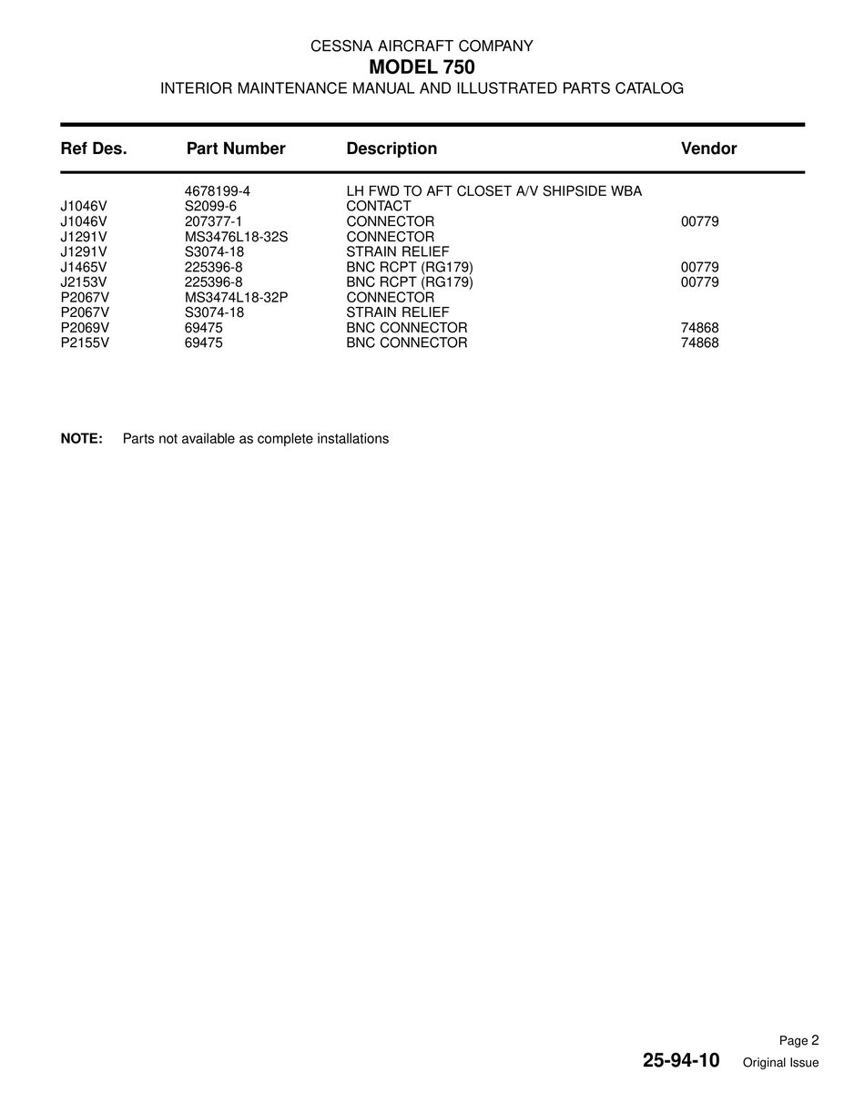Aviation Part J2153V for Cessna 750 Aircraft