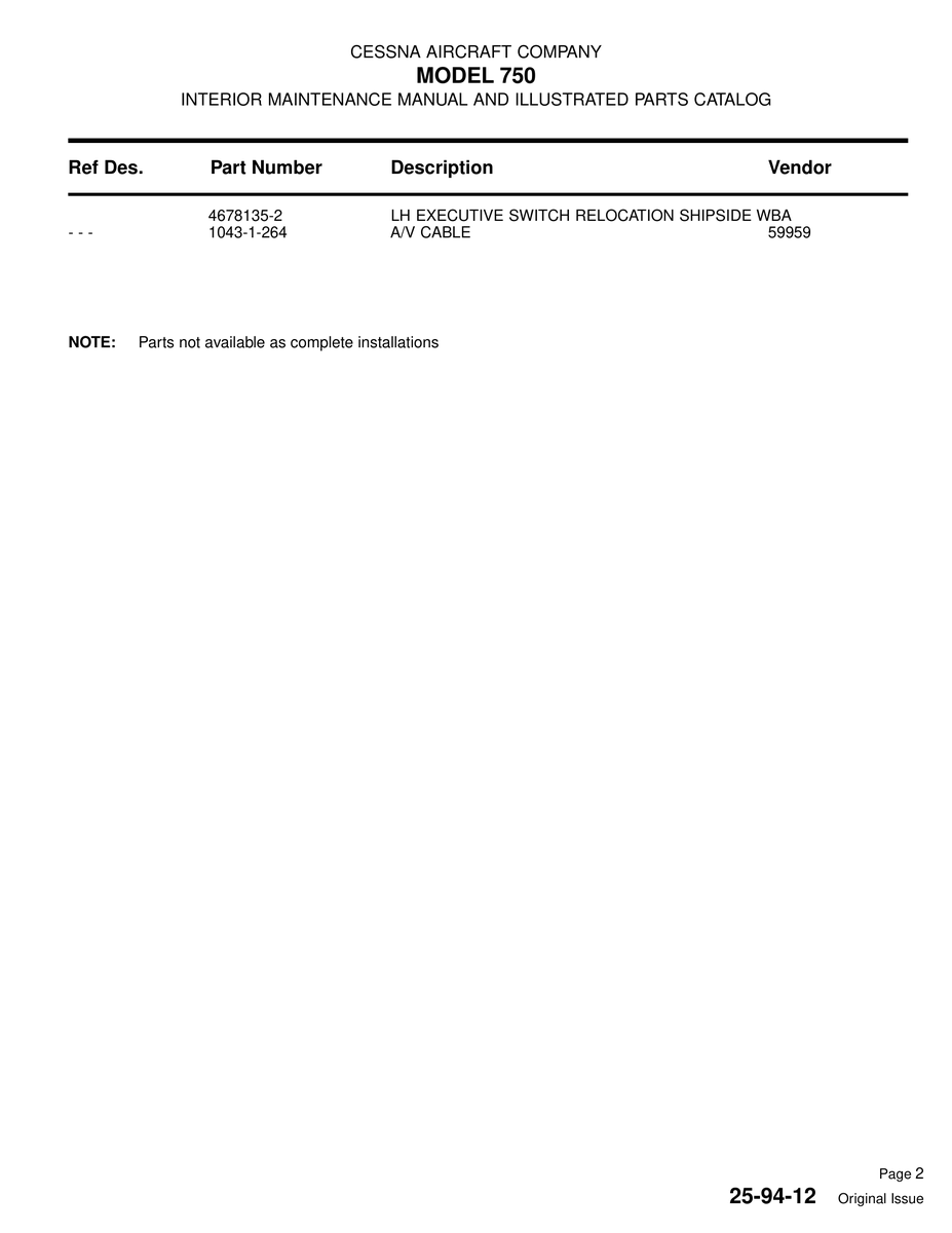 Aviation Part 1043-1-264 for Cessna 750 Aircraft