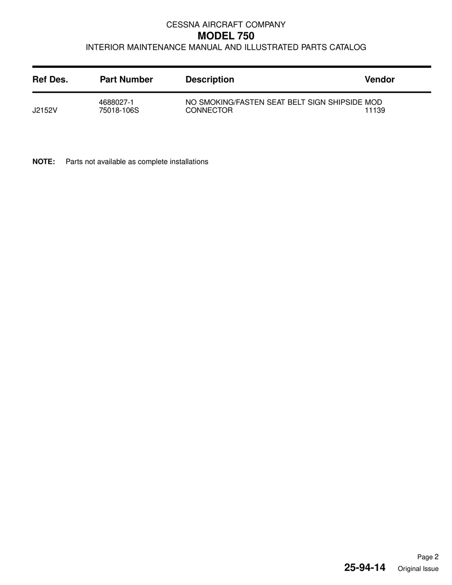 Aviation Part J2152V for Cessna 750 Aircraft