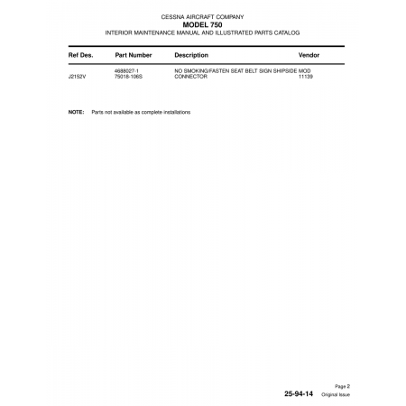 Aviation Part (J2152V) — Cessna 750 Aviation Part (J2152V) — Cessna 750