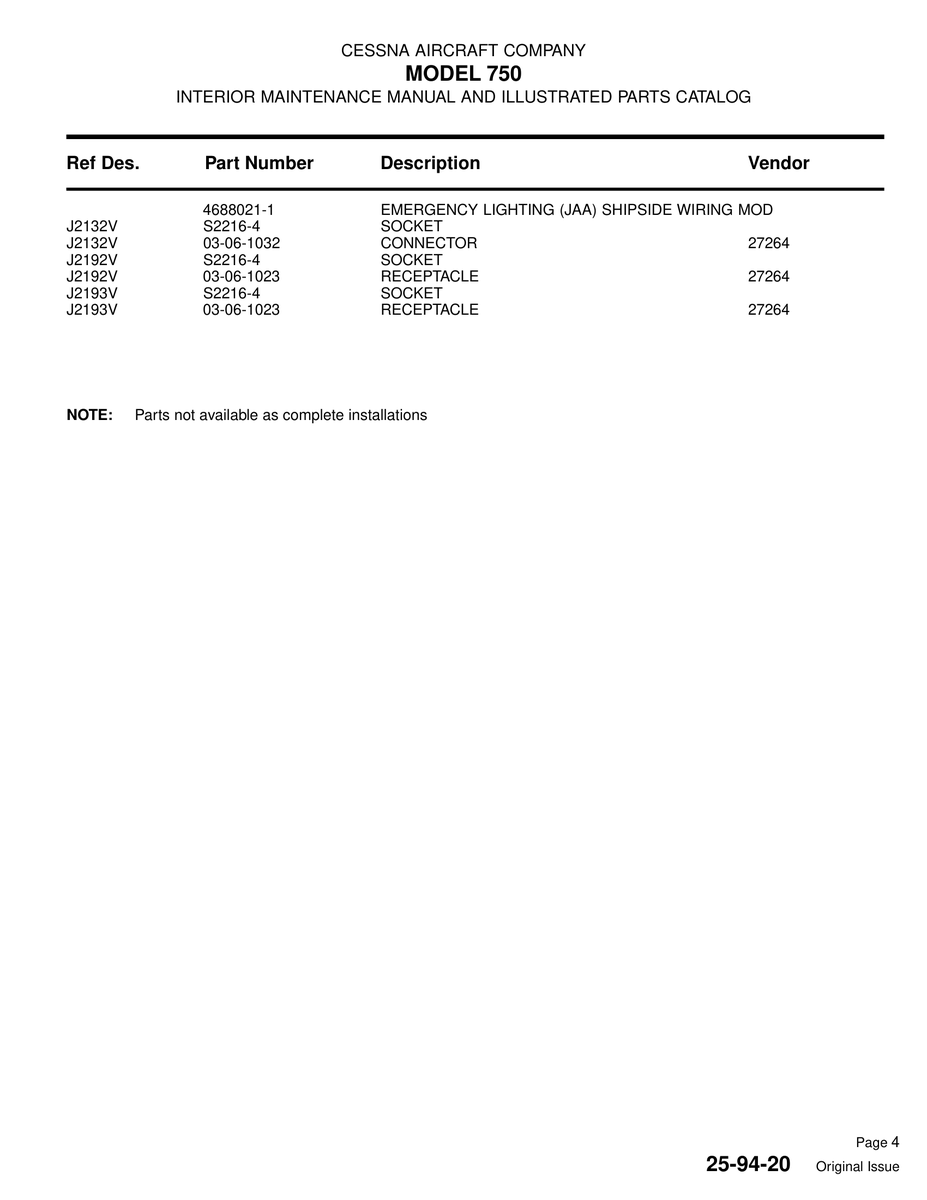 Aviation Part J2132V for Cessna 750 Aircraft