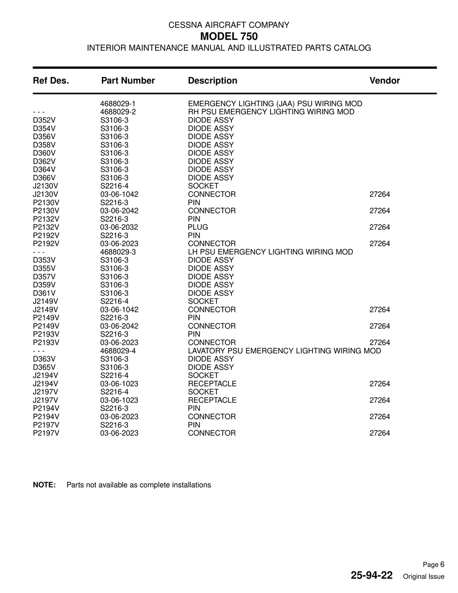 Aviation Part D365V for Cessna 750 Aircraft