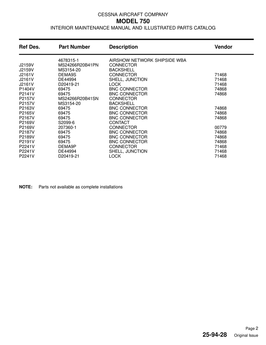 Aviation Part P2191V for Cessna 750 Aircraft