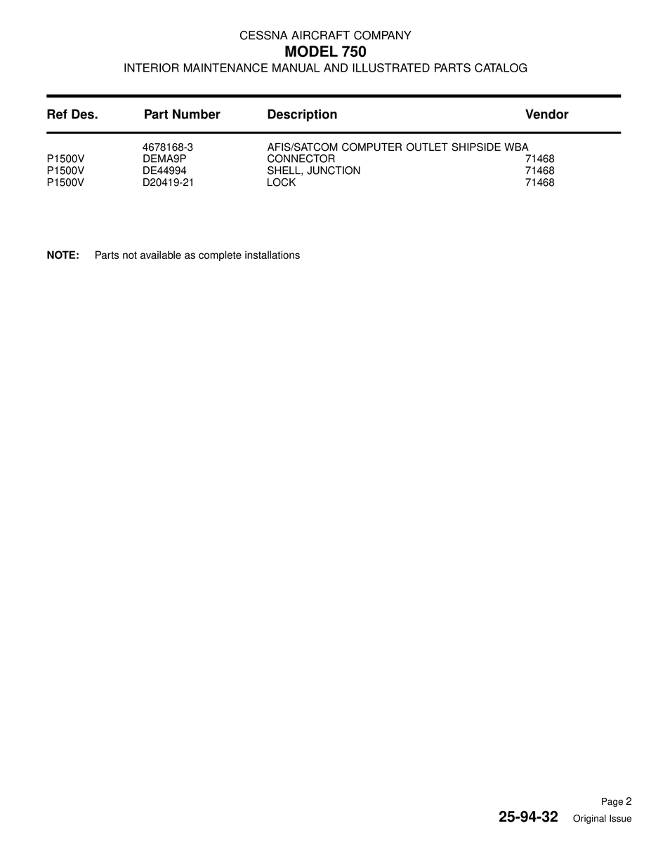 Aviation Part P1500V for Cessna 750 Aircraft