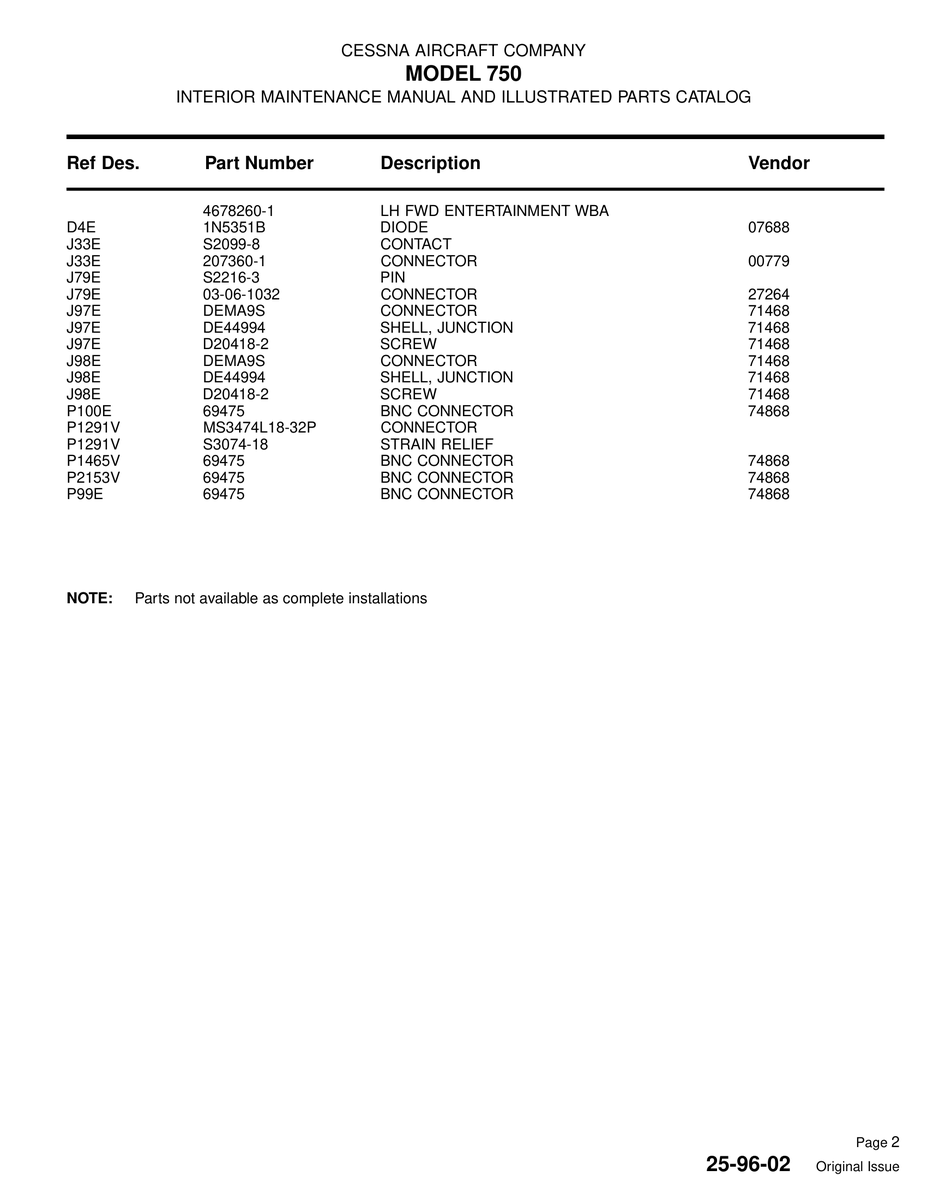 Aviation Part 4678260-1 for Cessna 750 Aircraft