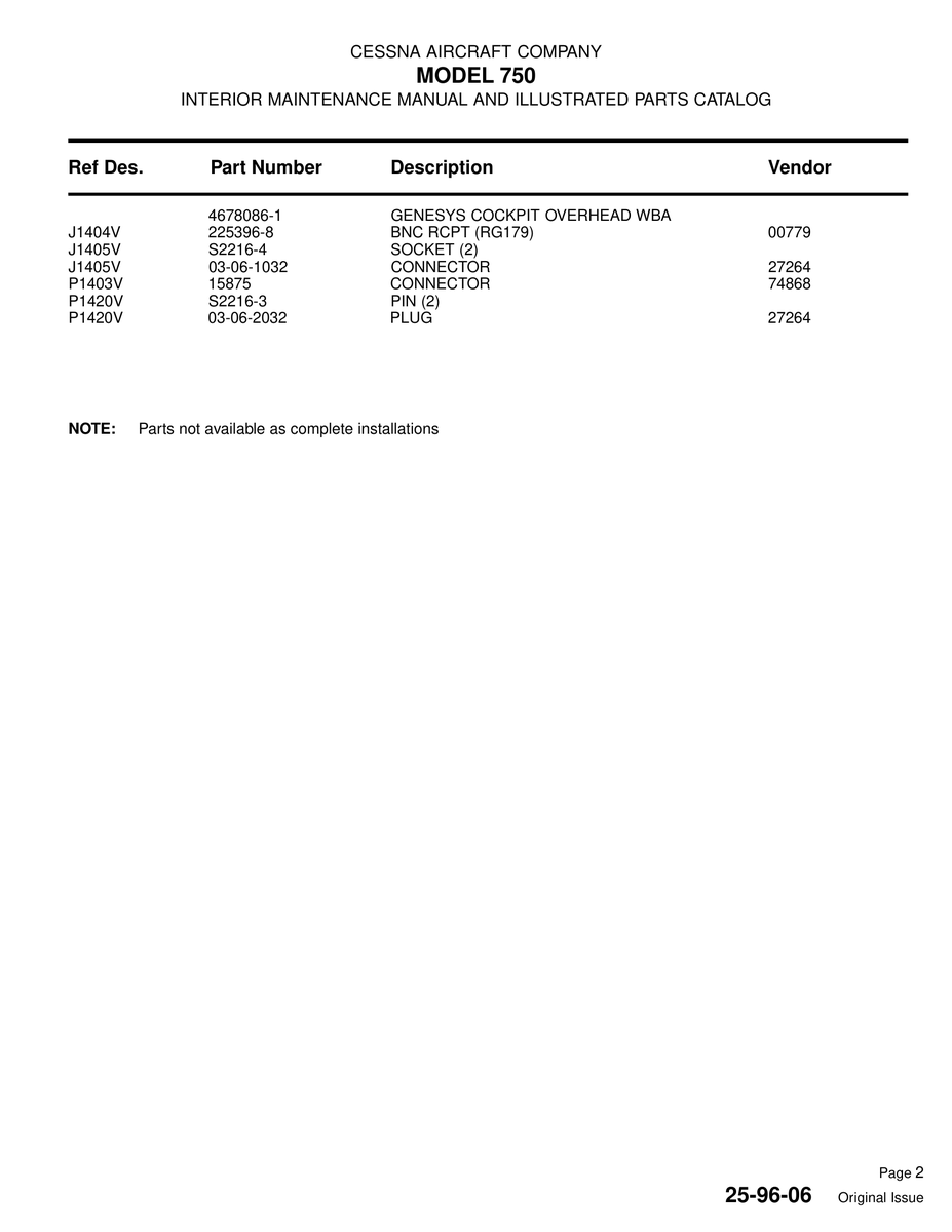 Aviation Part 4678086-1 for Cessna 750 Aircraft