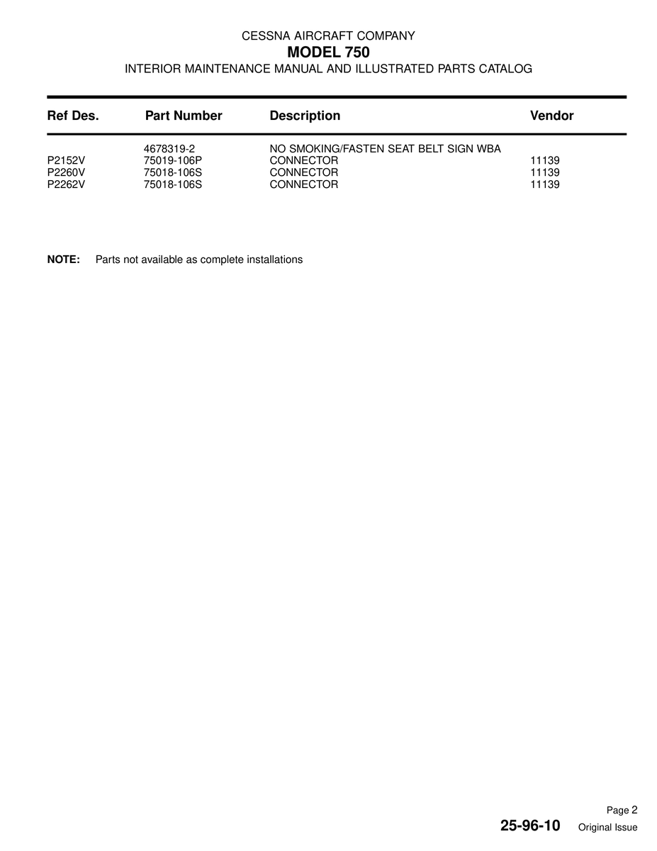 Aviation Part P2260V for Cessna 750 Aircraft