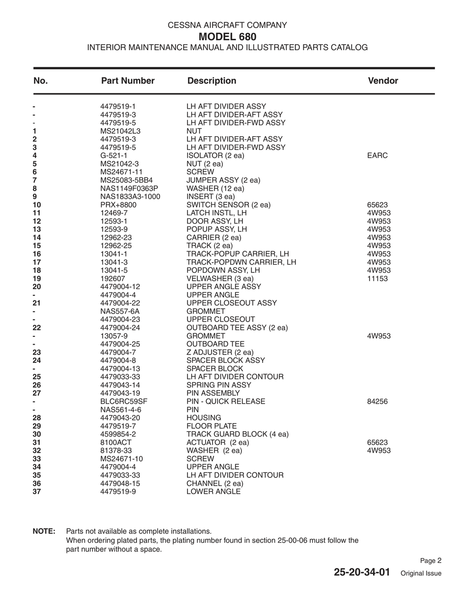 Aviation Part 4479043-20 for Cessna 680 Aircraft