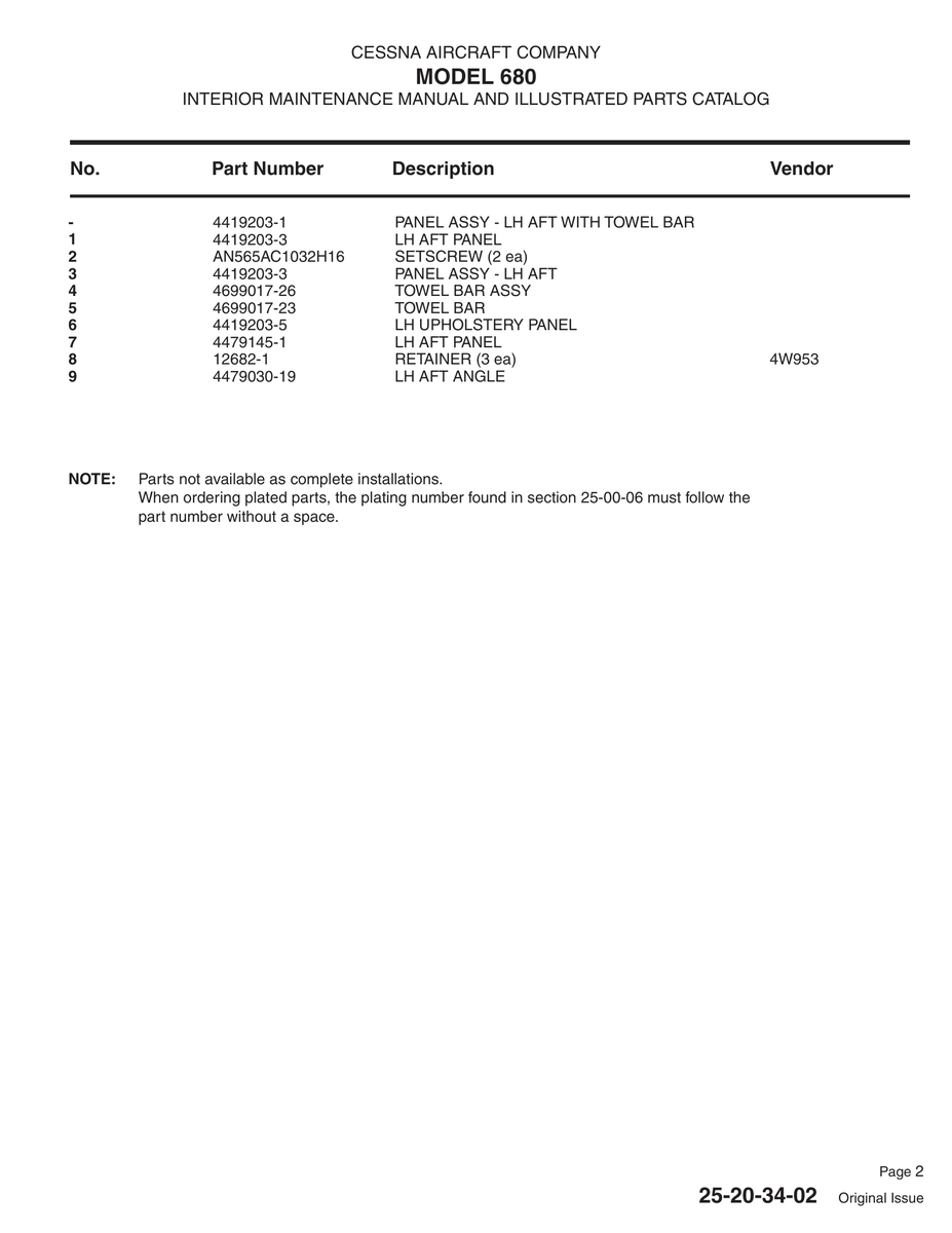 Aviation Part 4419203-1 for Cessna 680 Aircraft