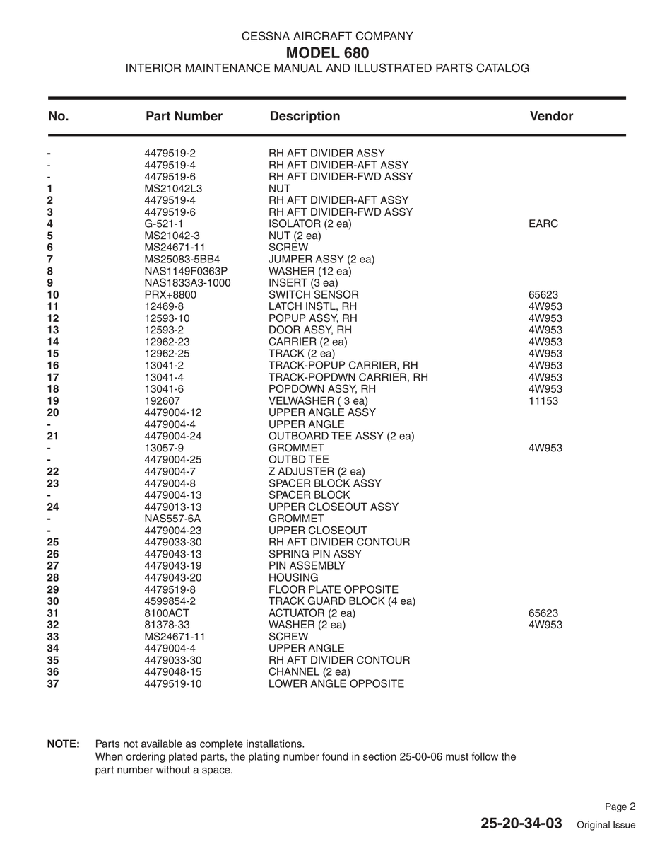 Aviation Part 4479519-2 for Cessna 680 Aircraft