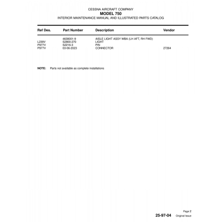 Aviation Part (P977V) — Cessna 750