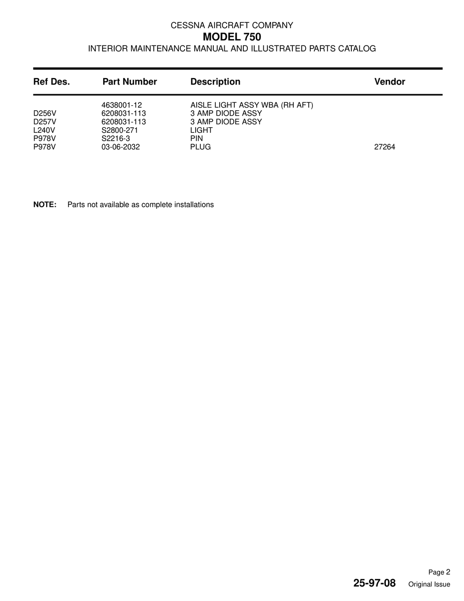Aviation Part P978V for Cessna 750 Aircraft