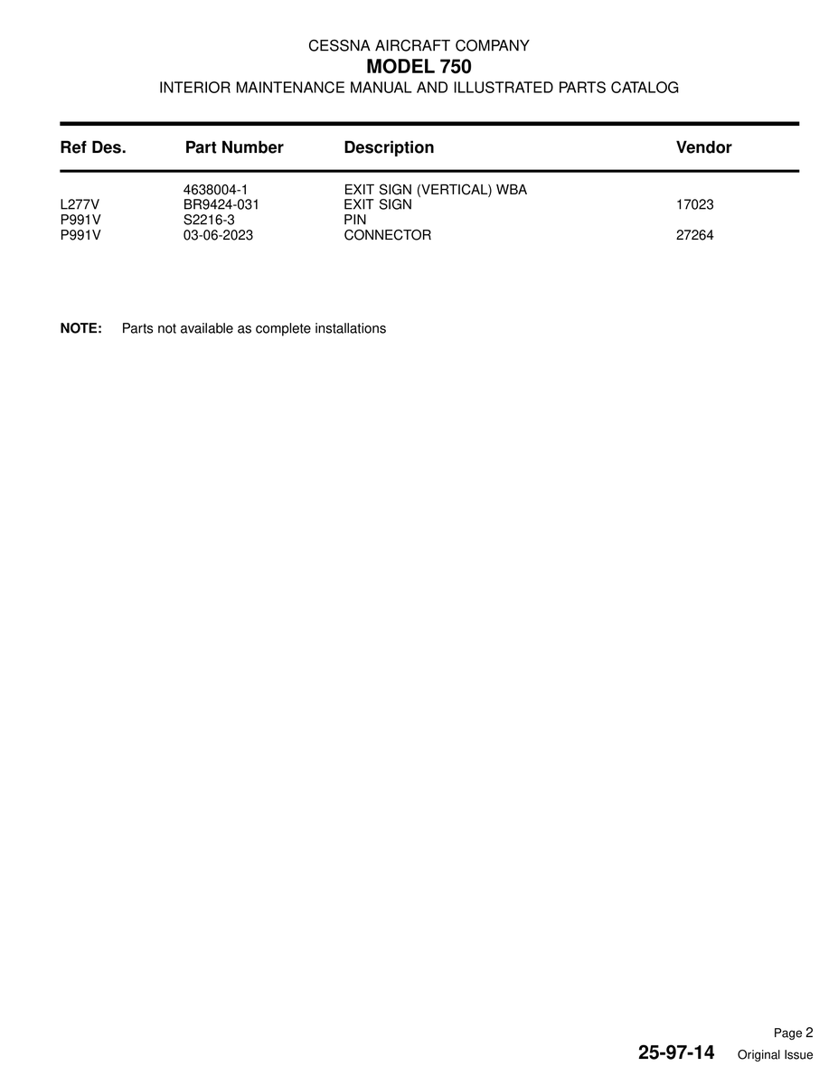 Aviation Part P991V for Cessna 750 Aircraft