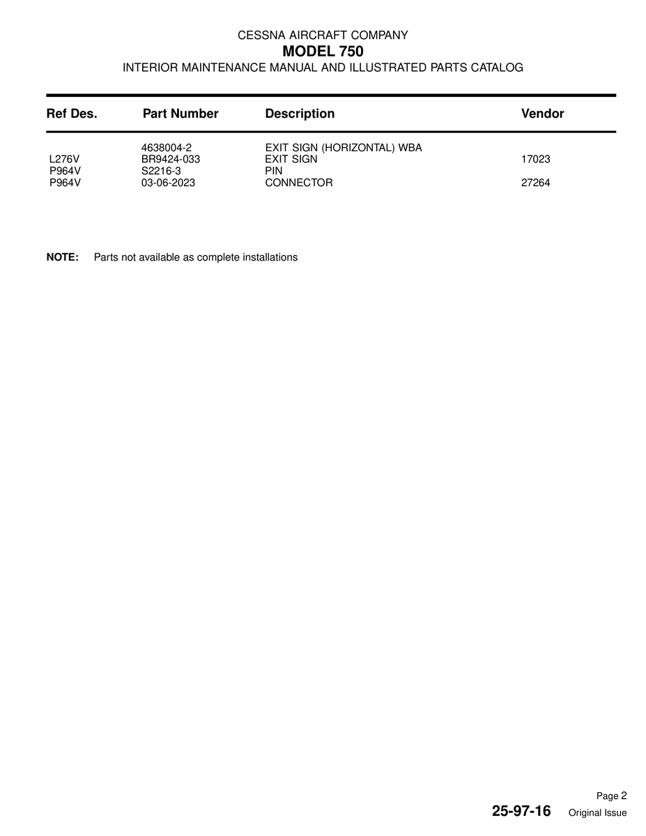 Aviation Part BR9424-033 for Cessna 750 Aircraft