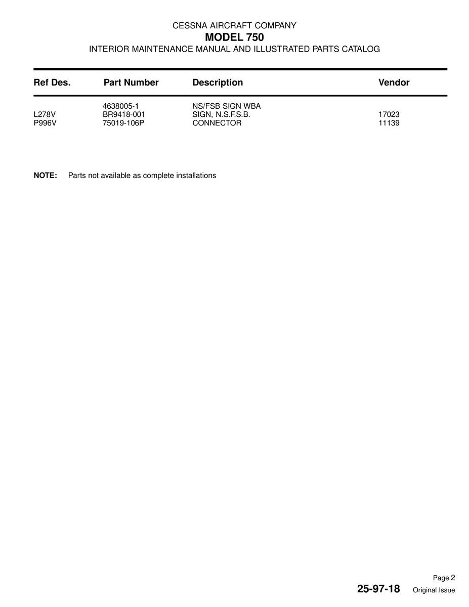 Aviation Part BR9418-001 for Cessna 750 Aircraft