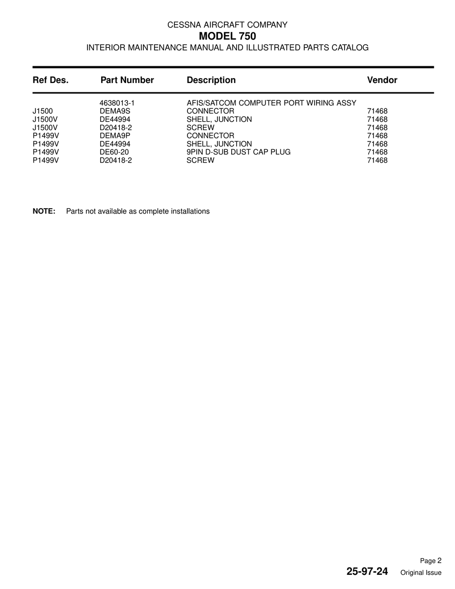 Aviation Part DE60-20 for Cessna 750 Aircraft