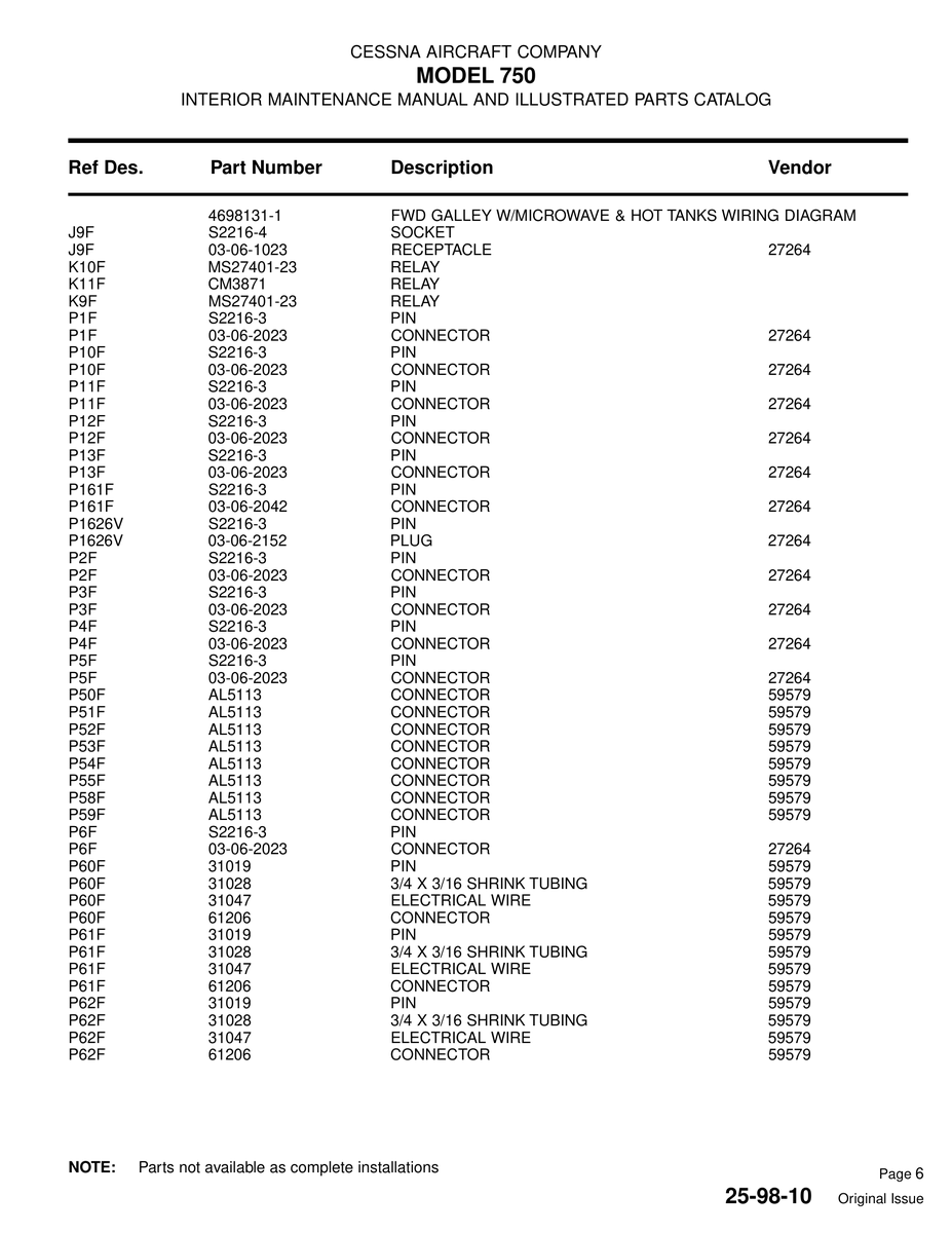 Aviation Part P161F for Cessna 750 Aircraft
