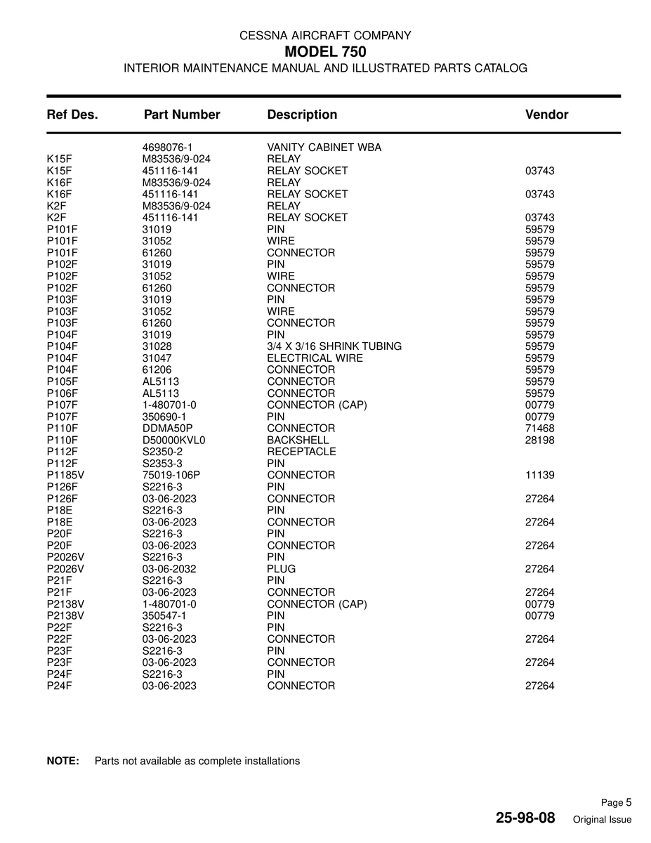 Aviation Part 480701-0 for Cessna 750 Aircraft