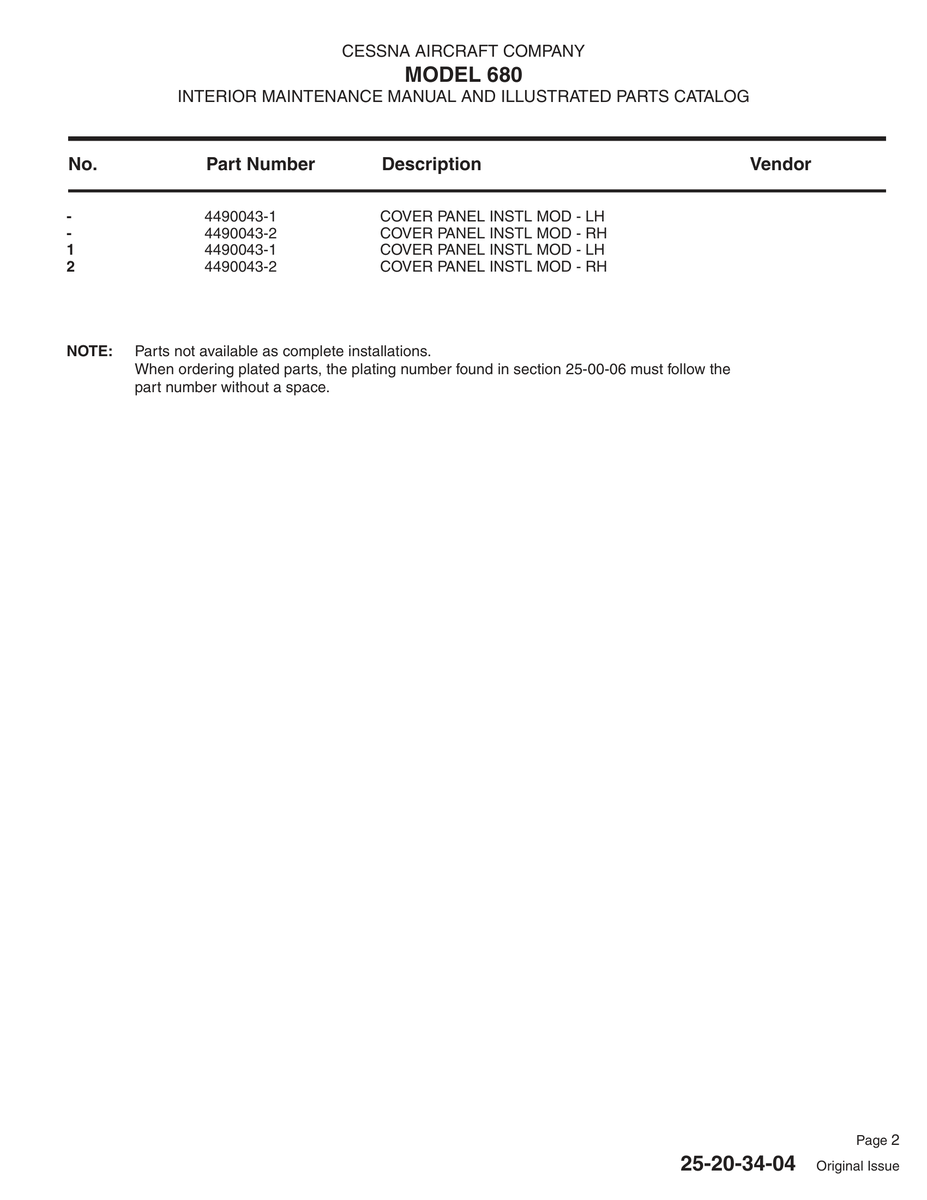 Aviation Part 4490043-1 for Cessna 680 Aircraft