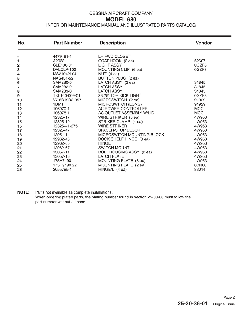 Aviation Part 4479481-1 for Cessna 680 Aircraft