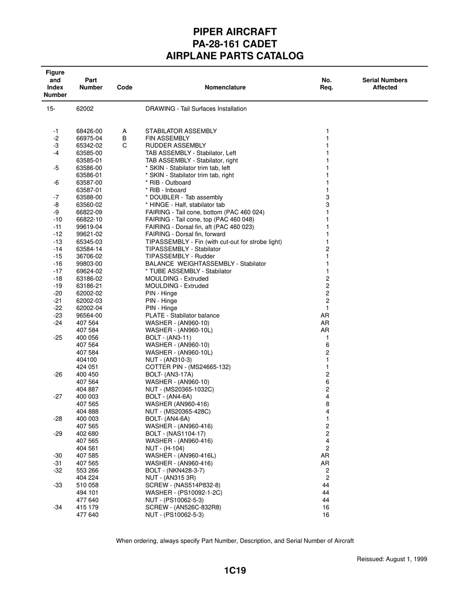 Aviation Part 99621-02 for Piper PA-28-161 Aircraft