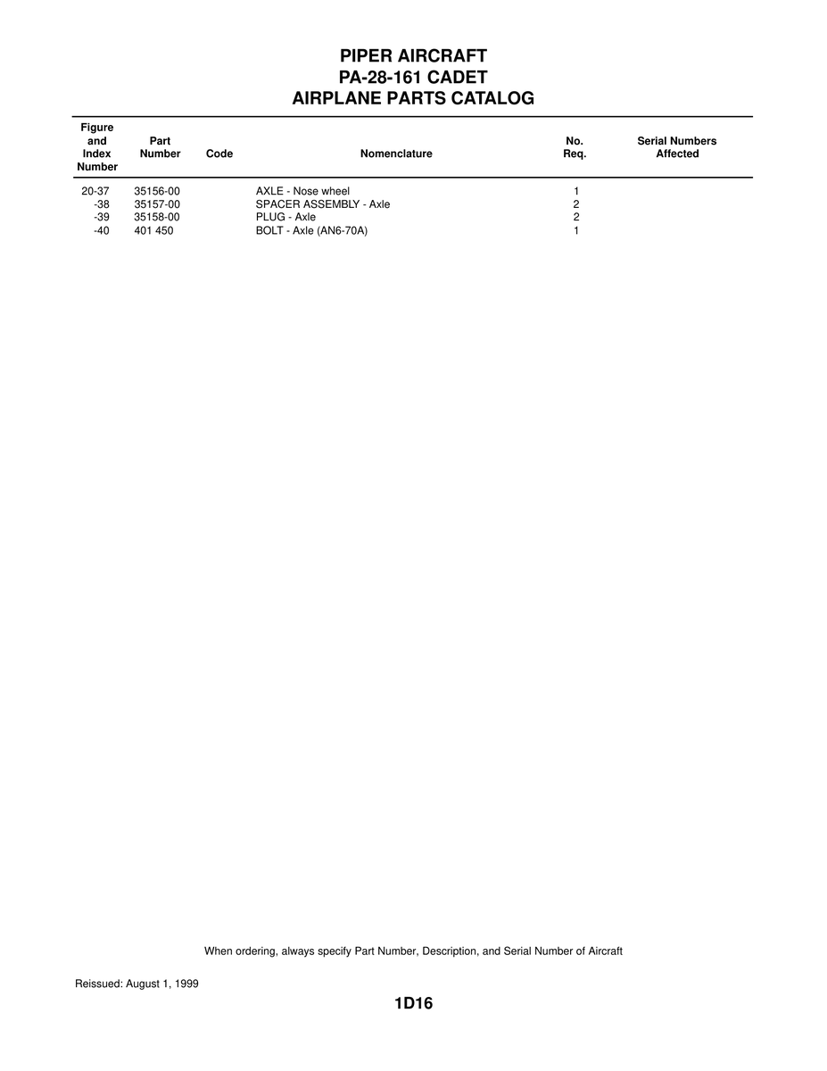 Aviation Part 35157-00 for Piper PA-28-161 Warrior Aircraft