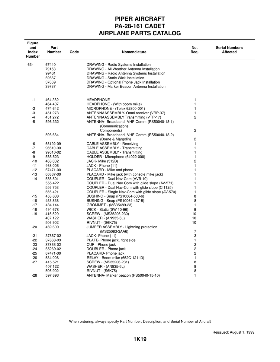 Aviation Part 99610-02 for Piper PA-28-161 Aircraft