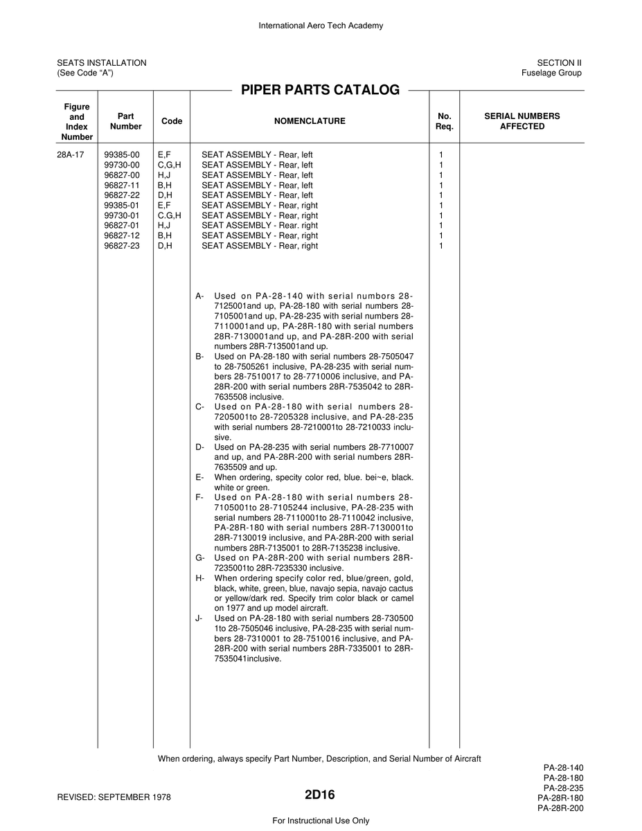 Aviation Part 96827-01 for Piper PA-28 Cherokee Aircraft