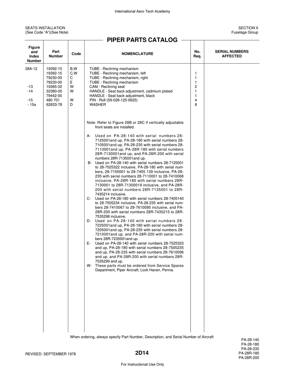 Aviation Part 19392-15 for Piper PA-28 Cherokee Aircraft
