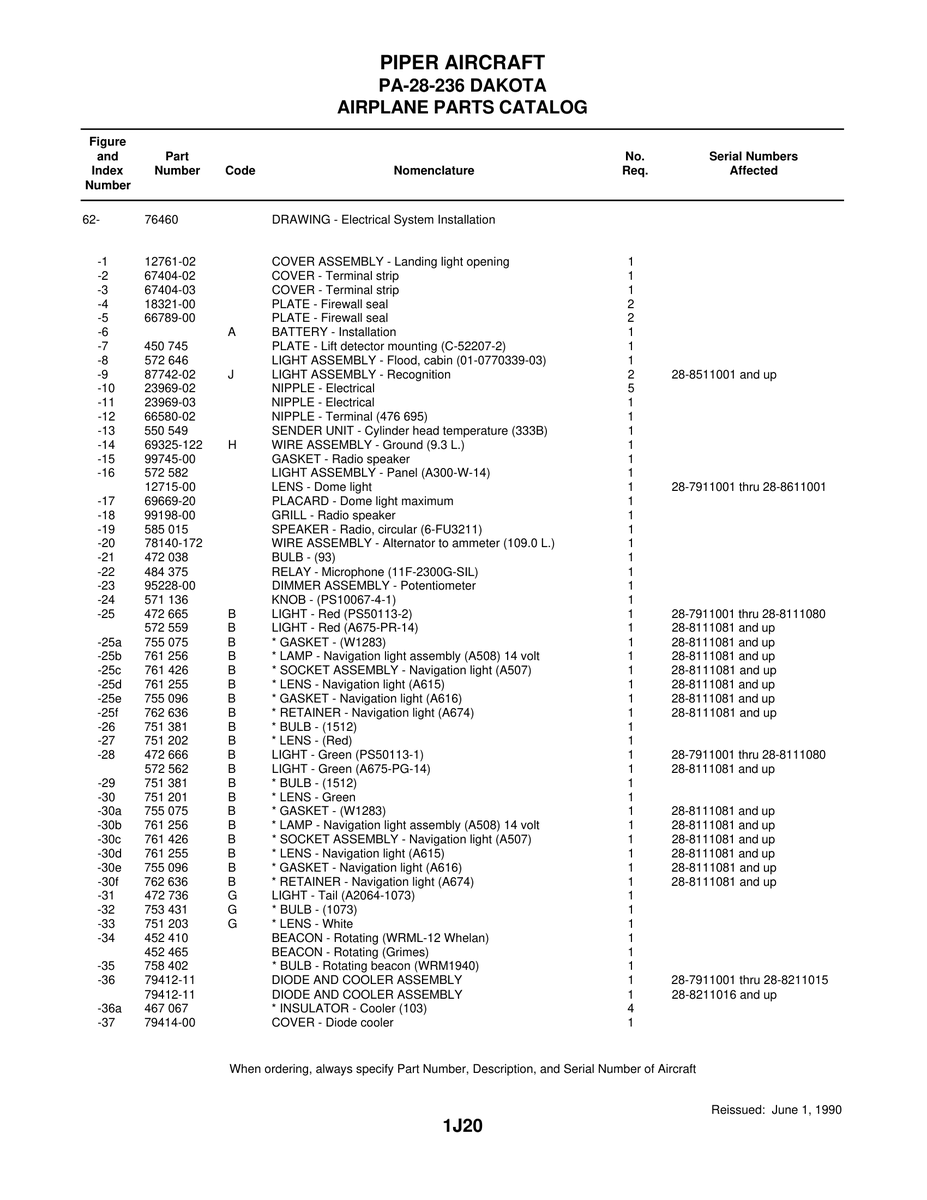 Aviation Part 99198-00 for Piper PA-28 Cherokee Aircraft