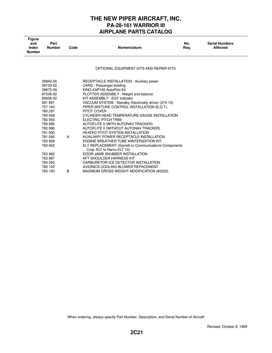 Aviation Part 99026-00 for Piper PA-28-161 Warrior Aircraft