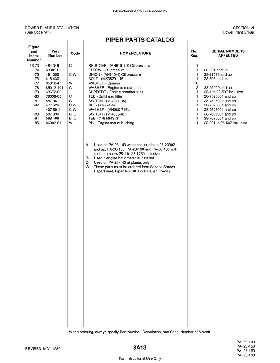 Aviation Part 85012-47 for Piper PA-28 Cherokee Aircraft