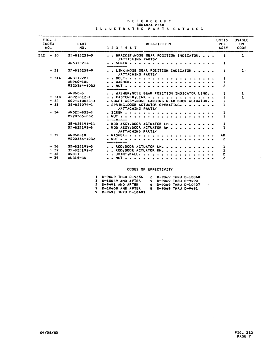 Aviation Part nS20365-832 for Beechcraft V35 Aircraft