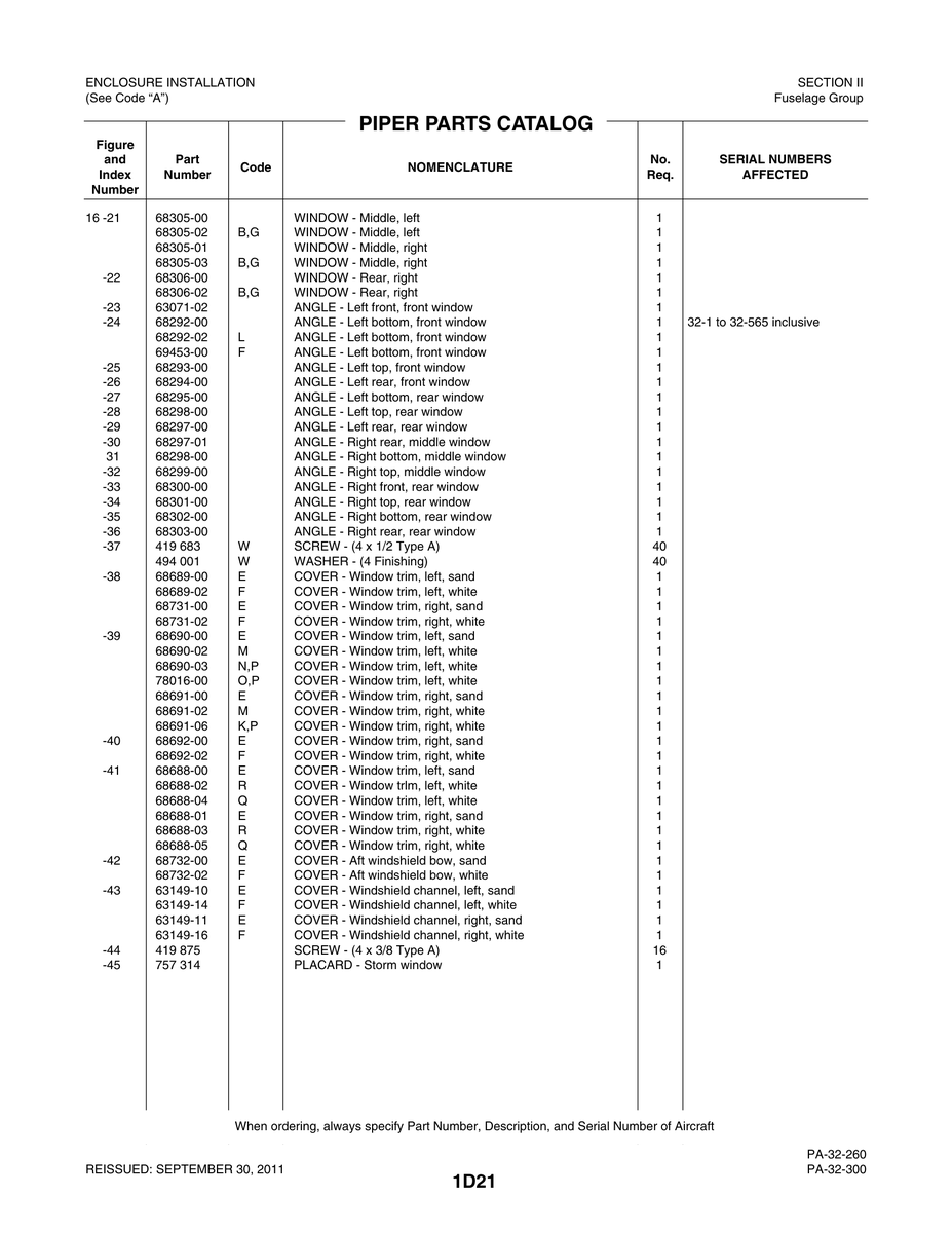 Window Angle 68294-00 for Piper PA-32-260 Aircraft
