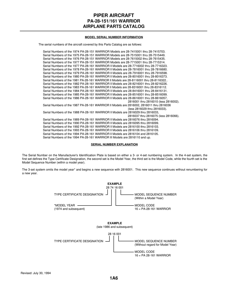 Aviation Part 2816001 for Piper PA-28-161 Warrior Aircraft