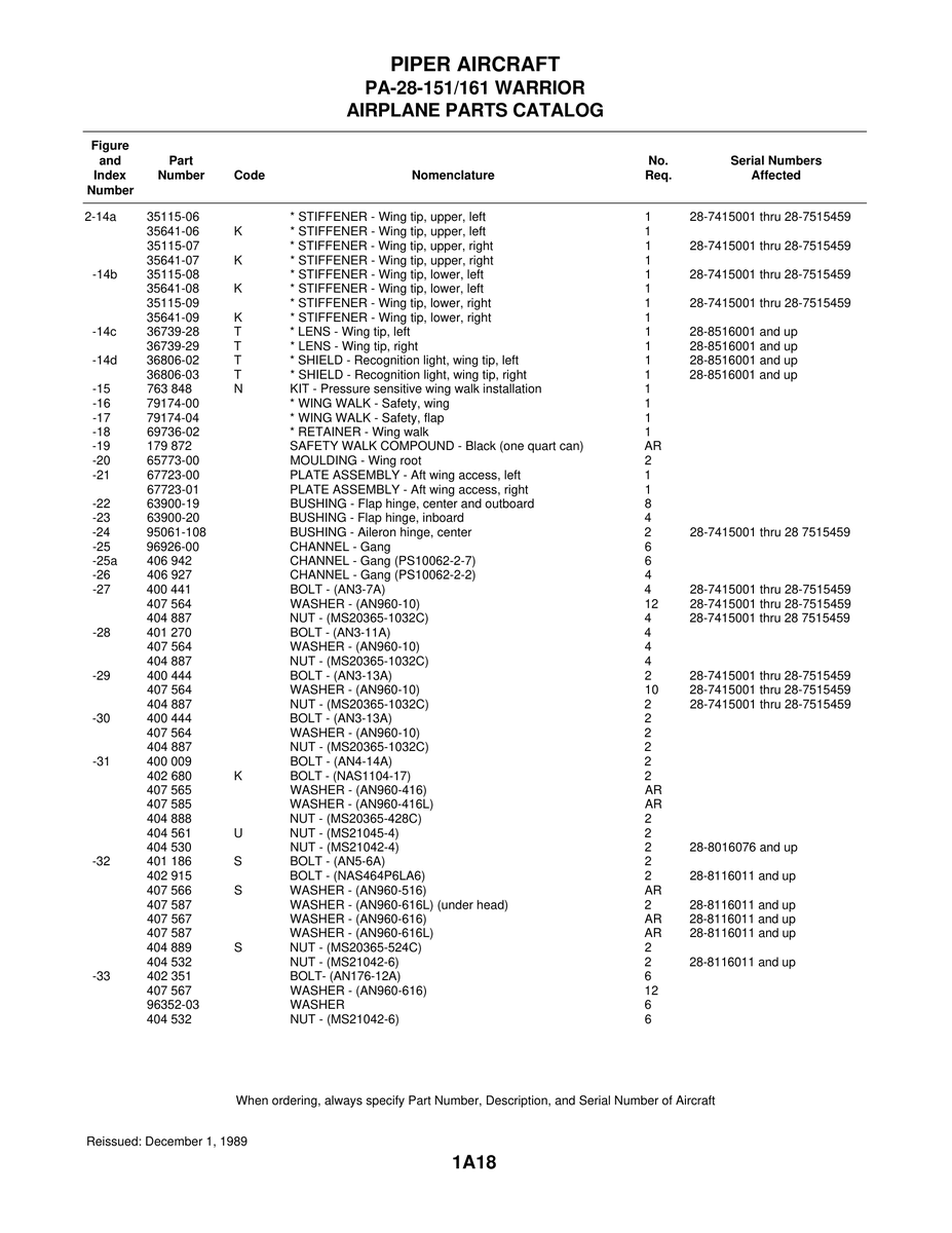 Aviation Part 35115-06 for Piper PA-28-161 Warrior Aircraft