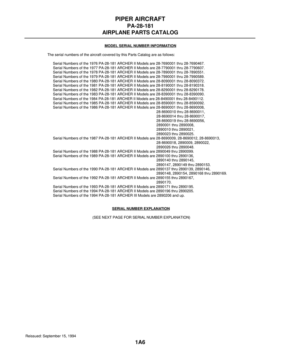 Aviation Part 2890010 for Piper PA-28-181 Archer Aircraft