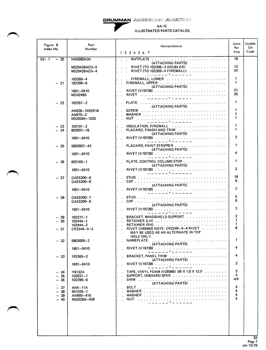 Aviation Part 102444-1 for American AA-1 Aircraft