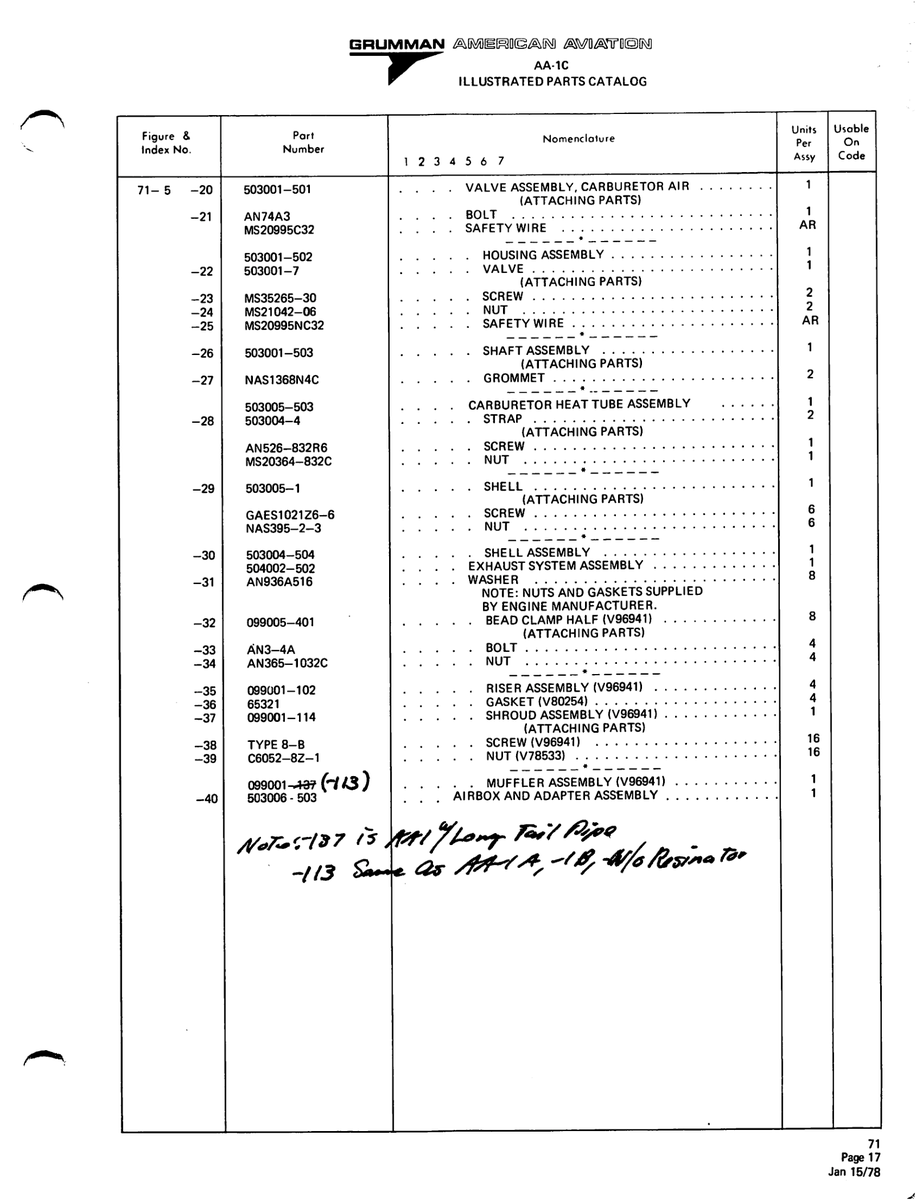 Aviation Part 503001-503 for American AA-1 Aircraft