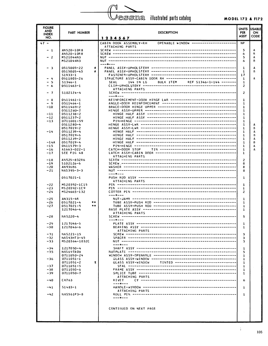 Aviation Part 0511239-2 for Cessna 172 Skyhawk Aircraft