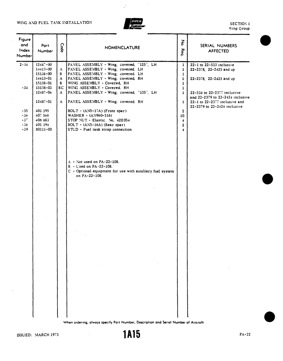 Aviation Part 13136-00 for Piper PA-22 Aircraft