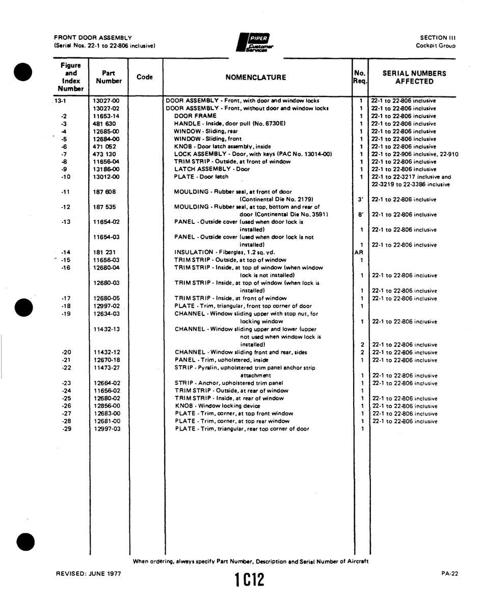 Aviation Part 11432-12 for Piper PA-22 Aircraft