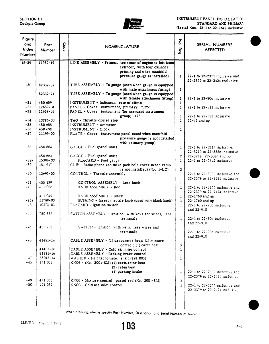 Aviation Part lOZT3-05 for Piper PA-22 Aircraft