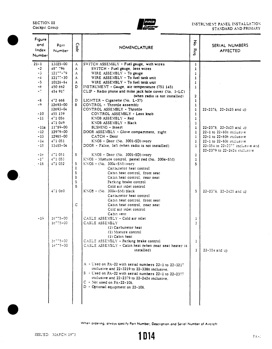 Aviation Part lc-TS-00 for Piper PA-22 Aircraft